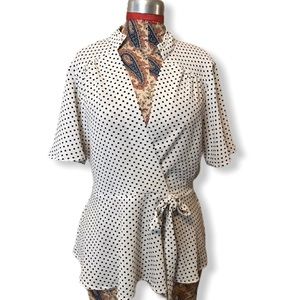 Polka dot short sleeve faux wrap blouse